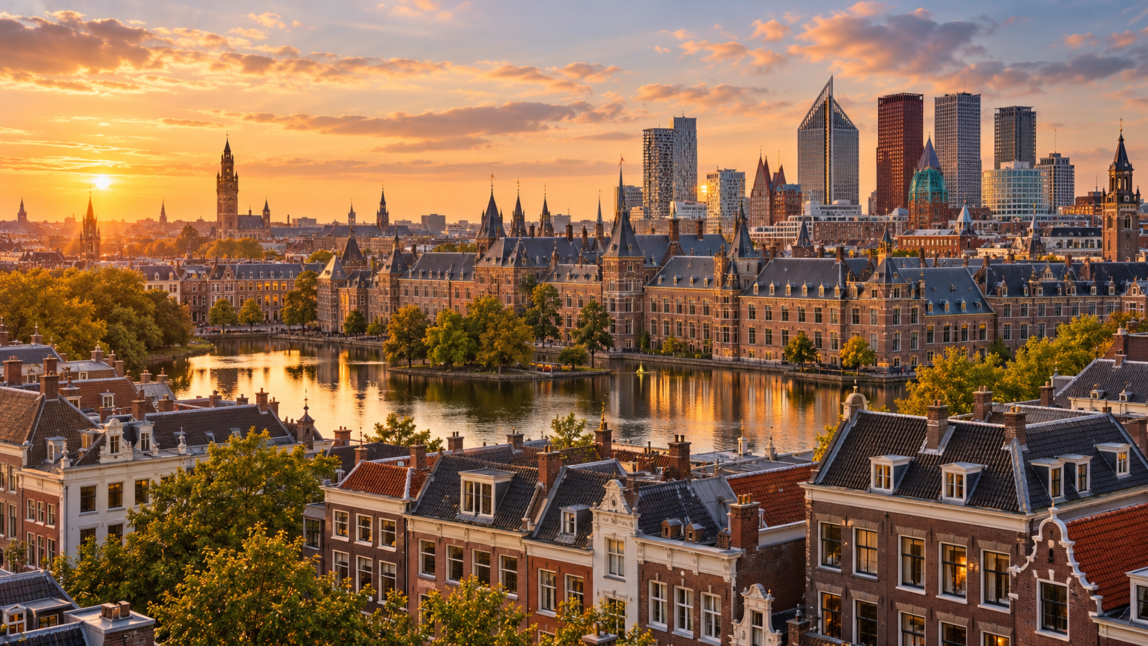 AI-gegenereerd sfeerbeeld van Den Haag; artistieke compositie, geen documentaire stadsfoto